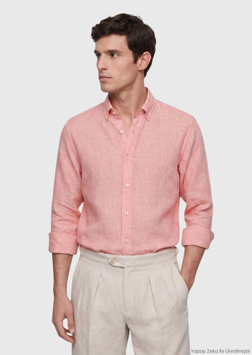 Turuncu Düz Casual Fit Uzun Dokuma Casual %100 Keten Gömlek