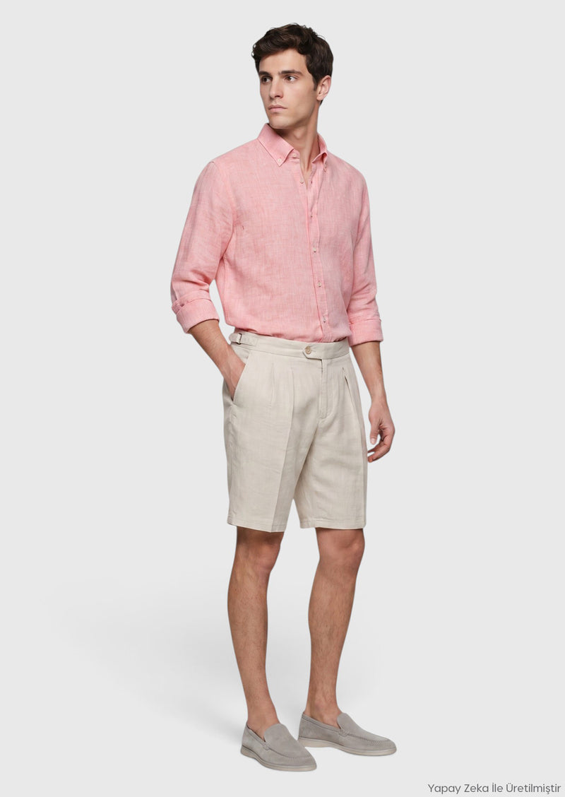 Turuncu Düz Casual Fit Uzun Dokuma Casual %100 Keten Gömlek