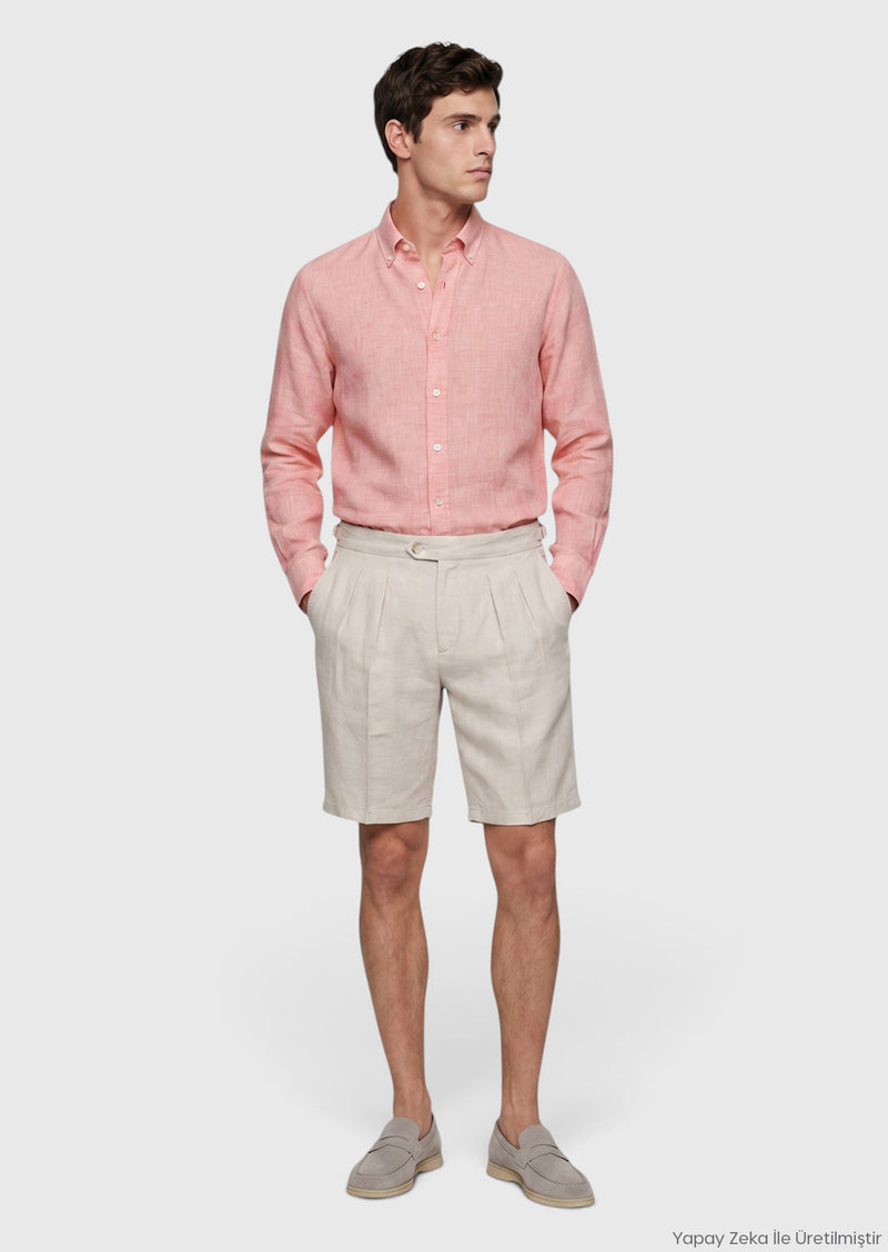 Turuncu Düz Casual Fit Uzun Dokuma Casual %100 Keten Gömlek