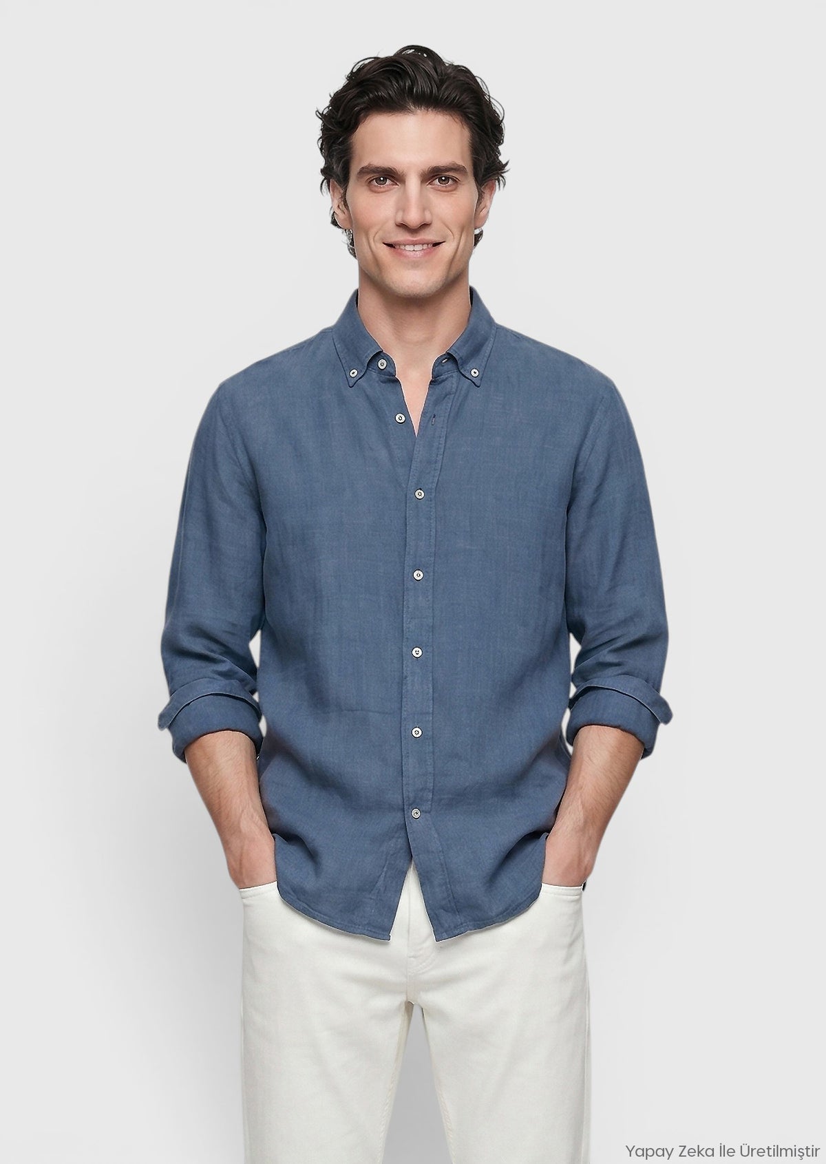 Petrol Düz Casual Fit Uzun Dokuma Casual %100 Keten Gömlek