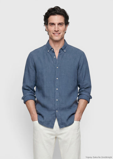 Petrol Düz Casual Fit Uzun Dokuma Casual %100 Keten Gömlek