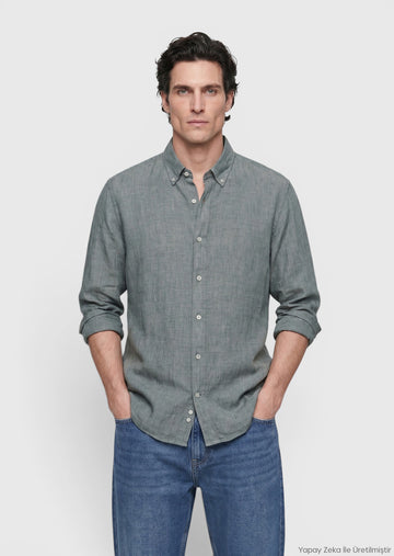Koyu Yeşil Düz Casual Fit Uzun Dokuma Casual %100 Keten Gömlek