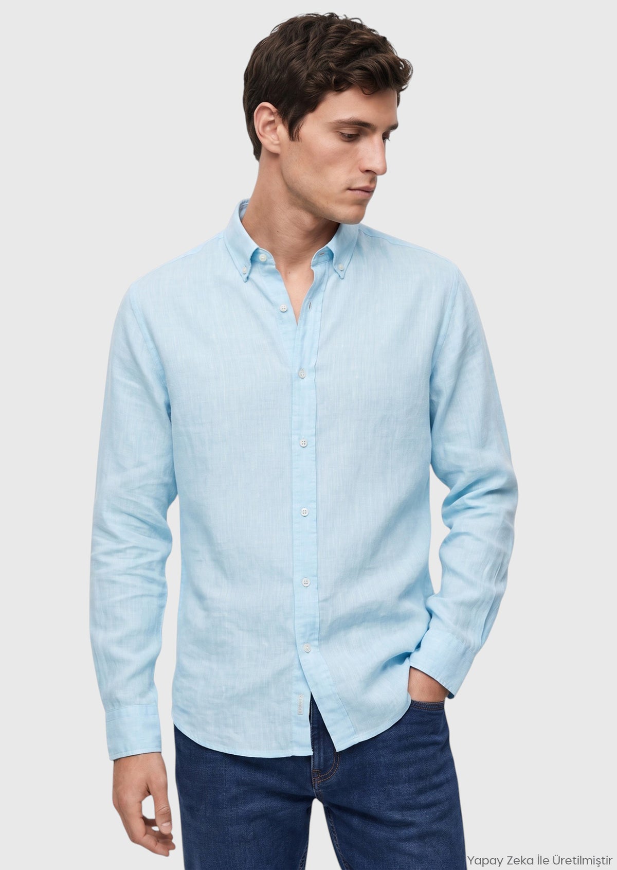 Mint Düz Casual Fit Uzun Dokuma Casual %100 Keten Gömlek