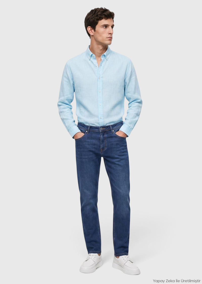 Mint Düz Casual Fit Uzun Dokuma Casual %100 Keten Gömlek