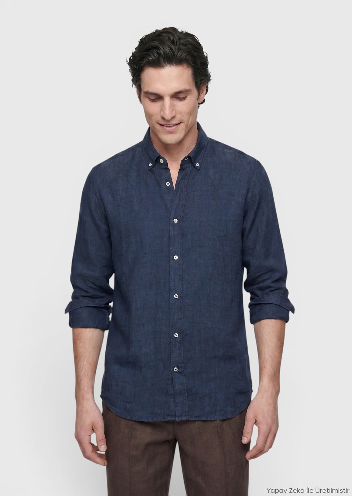 İndigo Düz Casual Fit Uzun Dokuma Casual %100 Keten Gömlek