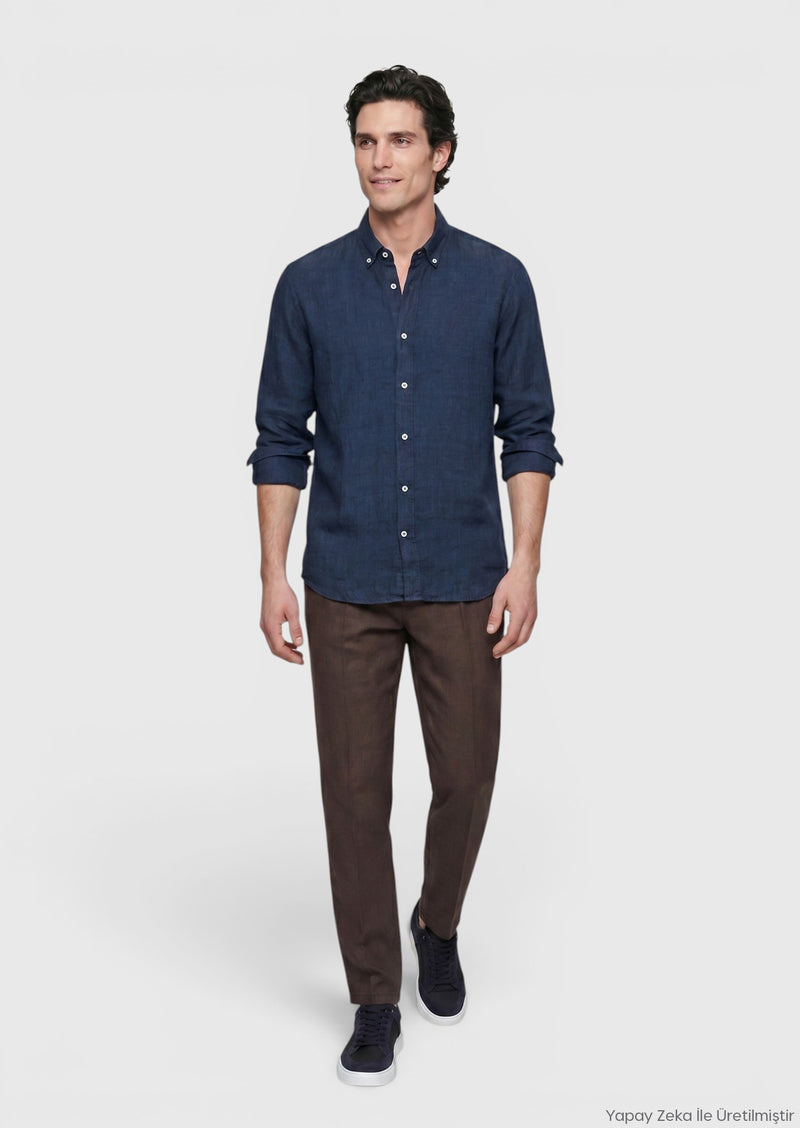 İndigo Düz Casual Fit Uzun Dokuma Casual %100 Keten Gömlek