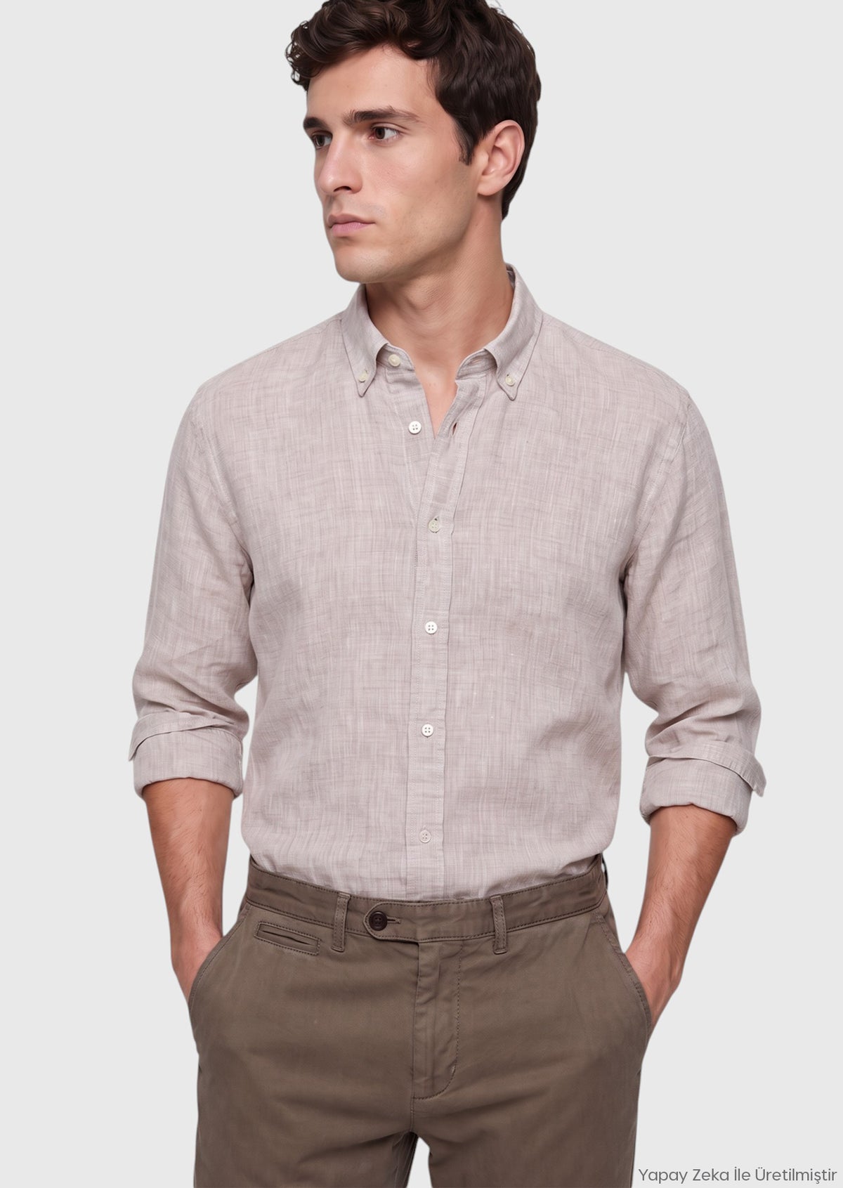Bej Düz Casual Fit Uzun Dokuma Casual %100 Keten Gömlek