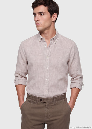 Beige Plain Casual Fit Long Weaving Casual Shirt