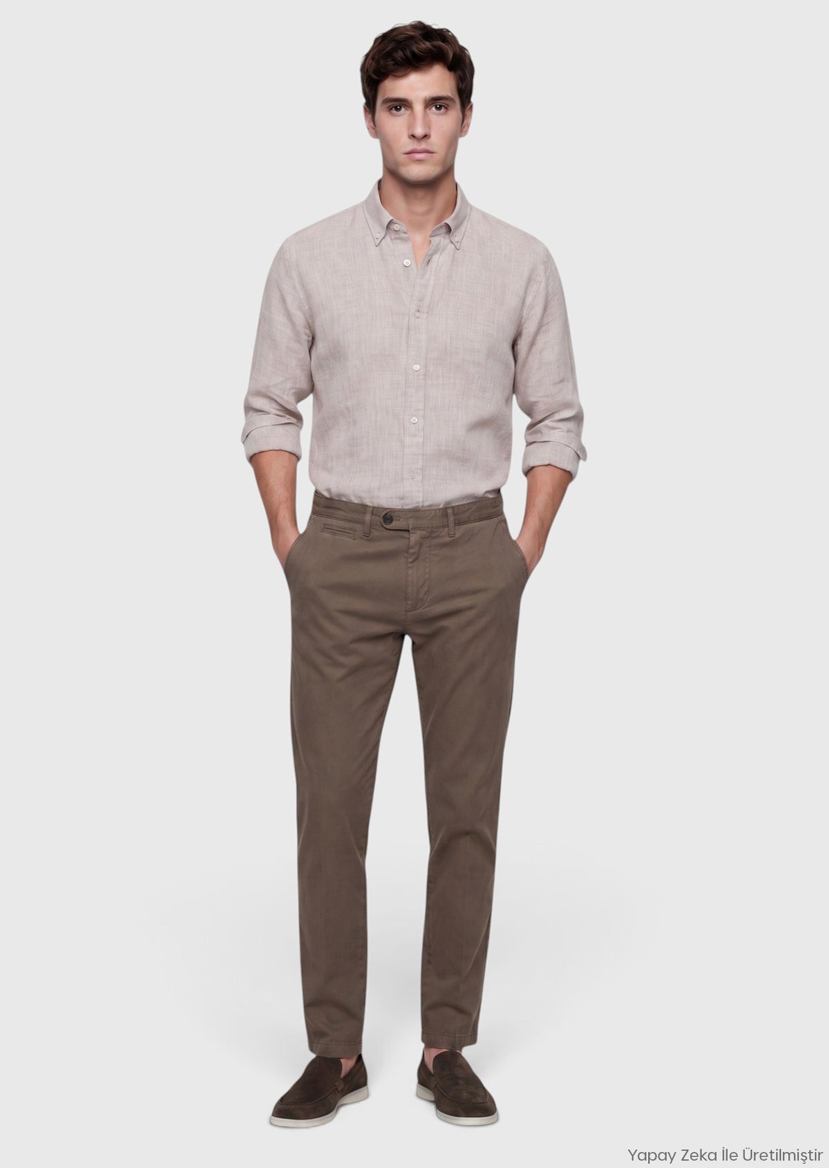 Bej Düz Casual Fit Uzun Dokuma Casual %100 Keten Gömlek