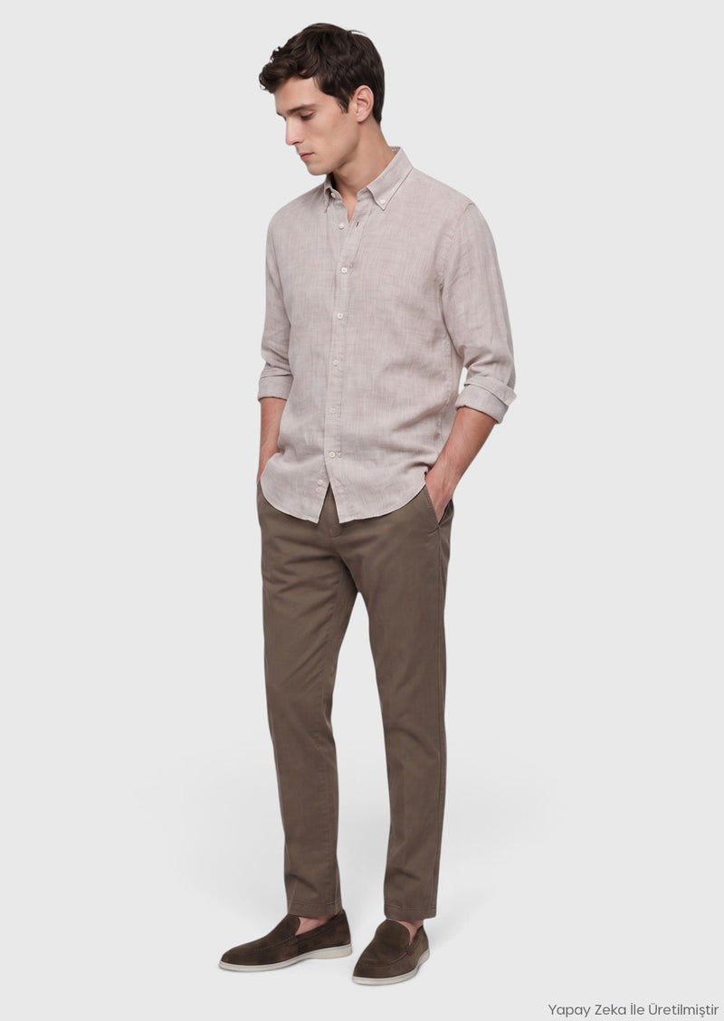 Bej Düz Casual Fit Uzun Dokuma Casual %100 Keten Gömlek