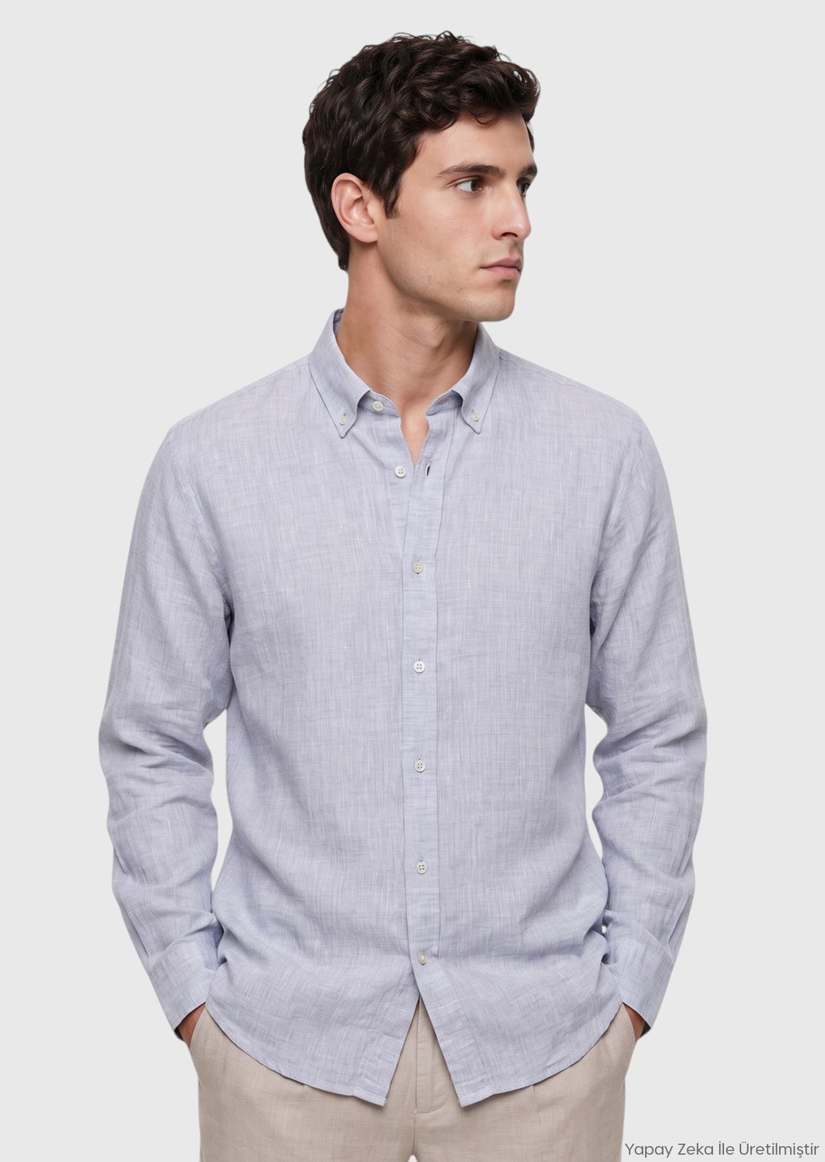Açık Gri Düz Casual Fit Uzun Dokuma Casual %100 Keten Gömlek