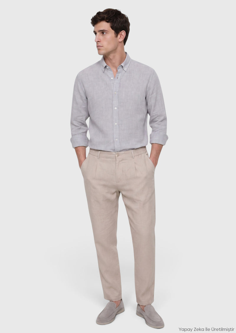 Açık Gri Düz Casual Fit Uzun Dokuma Casual %100 Keten Gömlek
