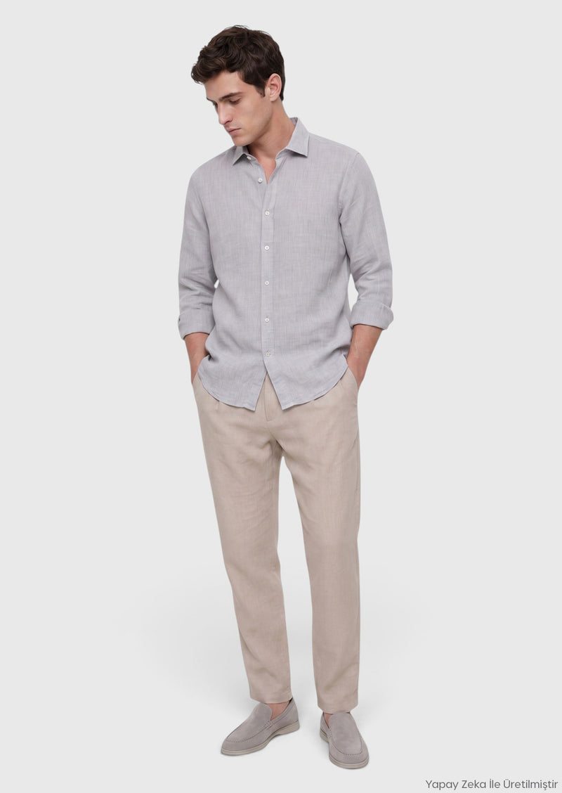 Açık Gri Düz Casual Fit Uzun Dokuma Casual %100 Keten Gömlek