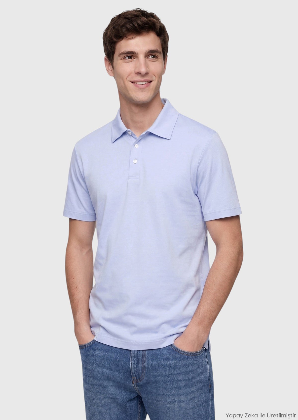 Açık Mavi Düz Pamuk Karışımlı T-Shirt