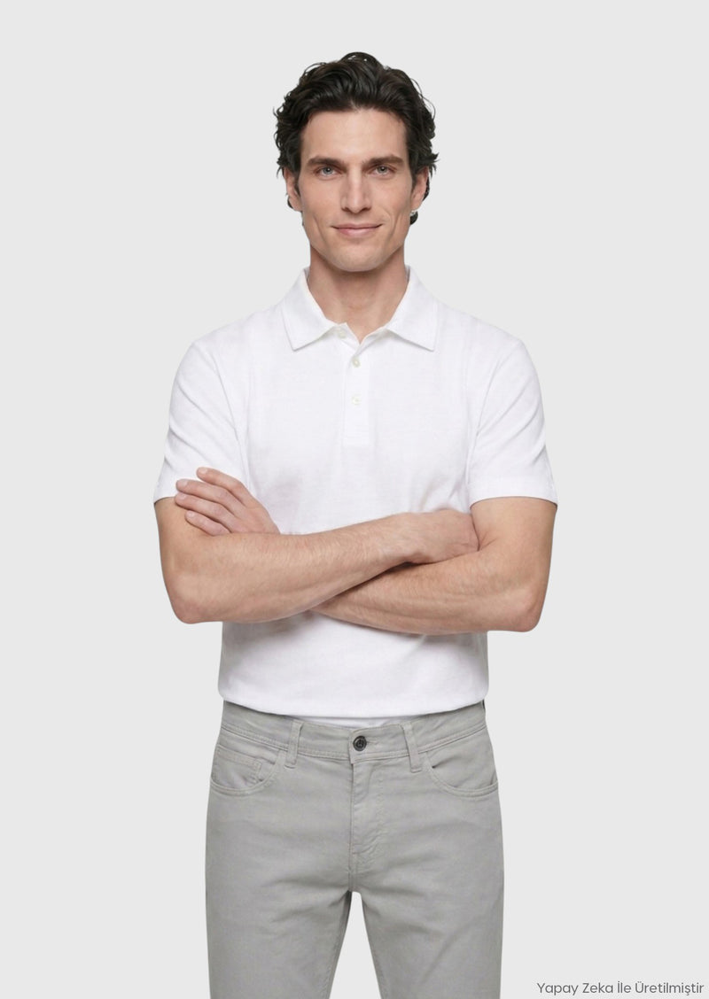 Beyaz Düz Pamuk Karışımlı T-Shirt
