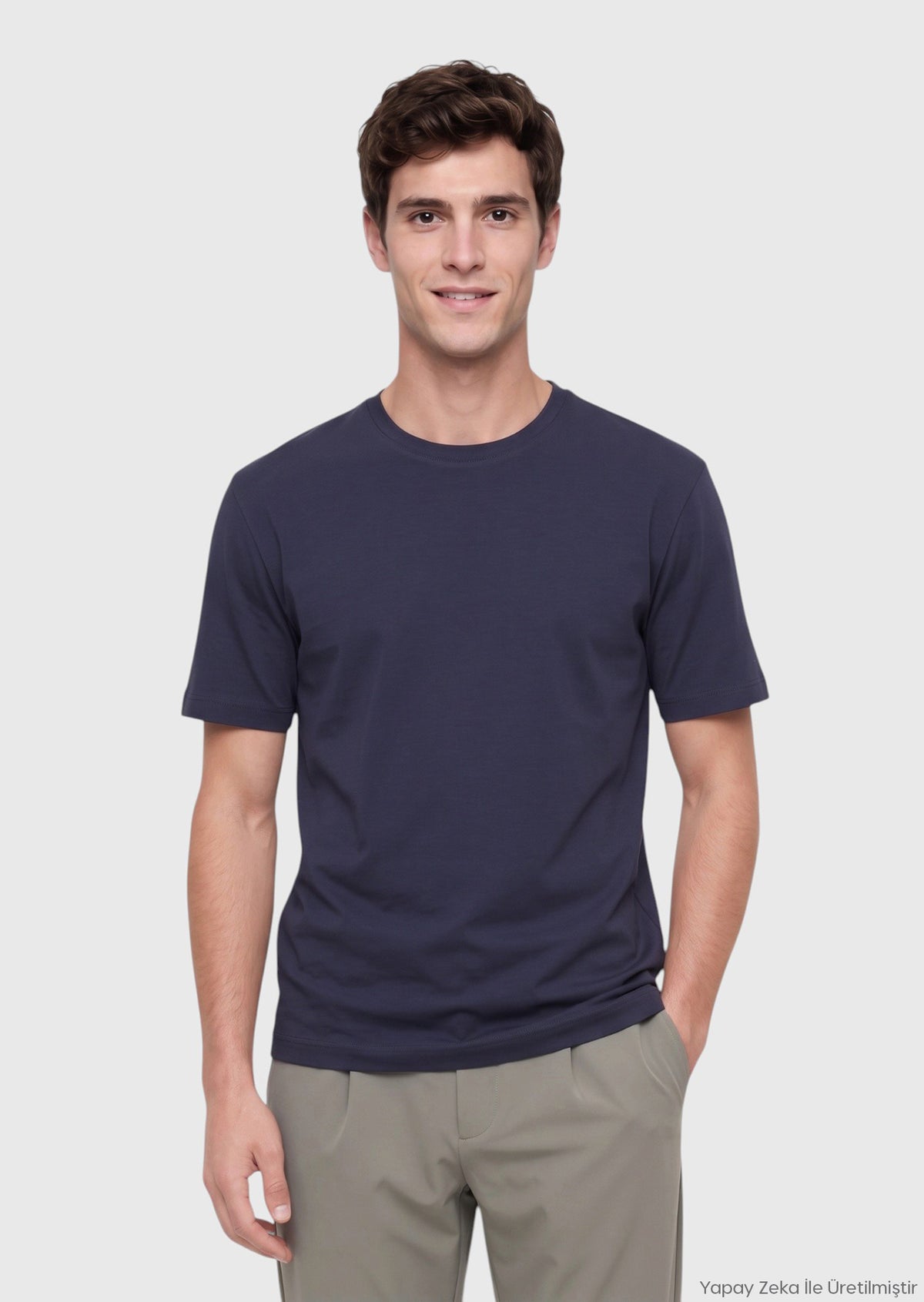 Lacivert Düz Pamuk Karışımlı T-Shirt