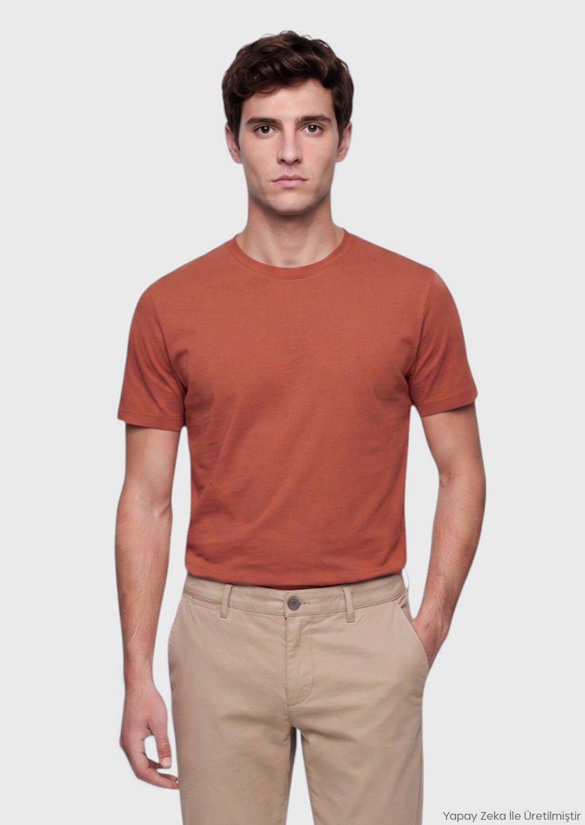 Kiremit Düz Pamuk Karışımlı T-Shirt