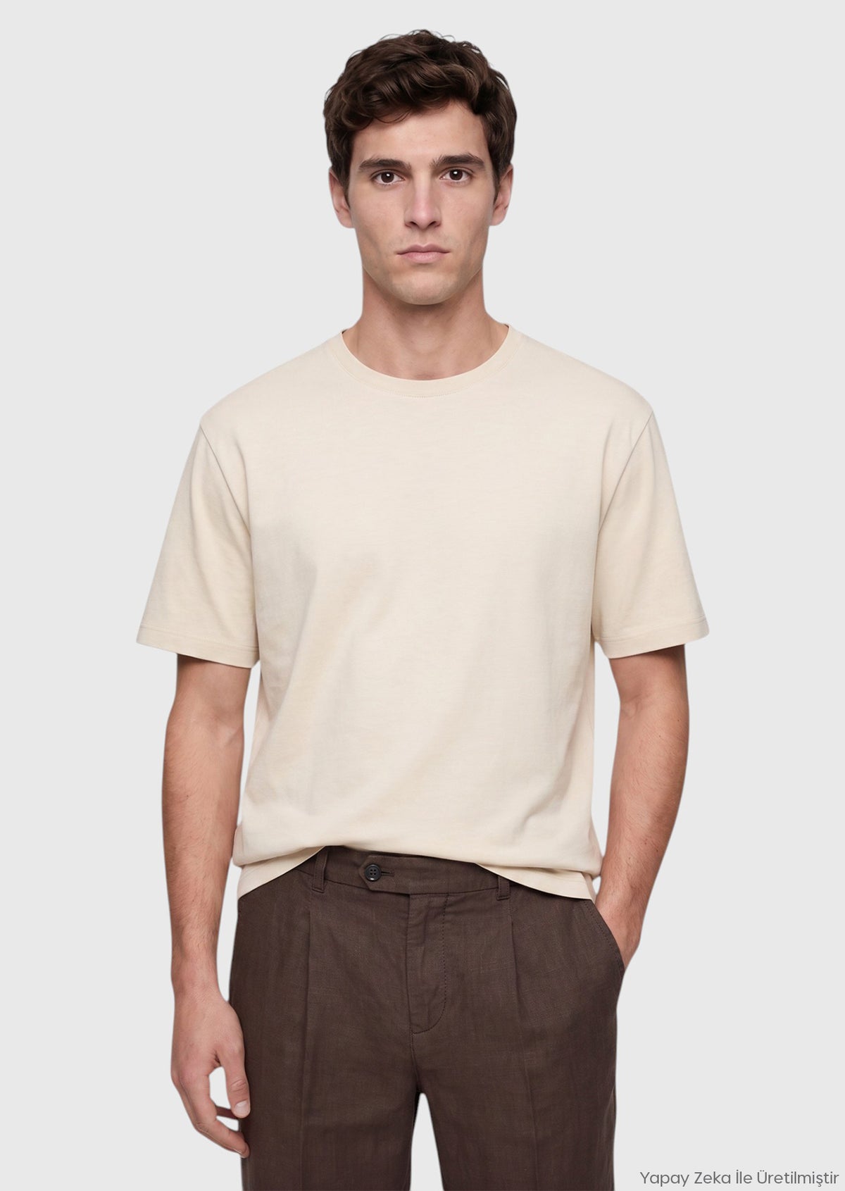 Bej Düz Pamuk Karışımlı T-Shirt