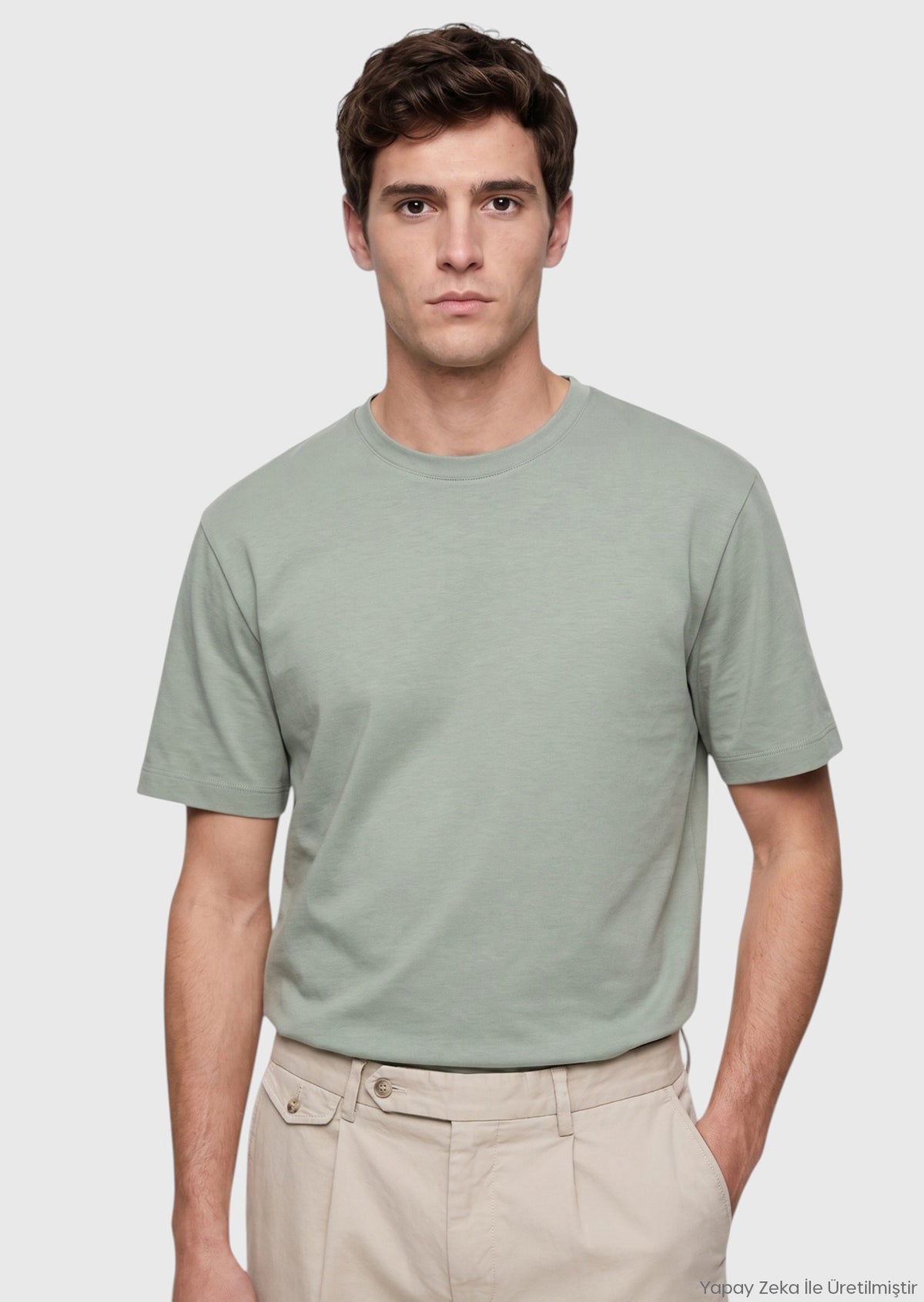 Haki Düz Pamuk Karışımlı T-Shirt