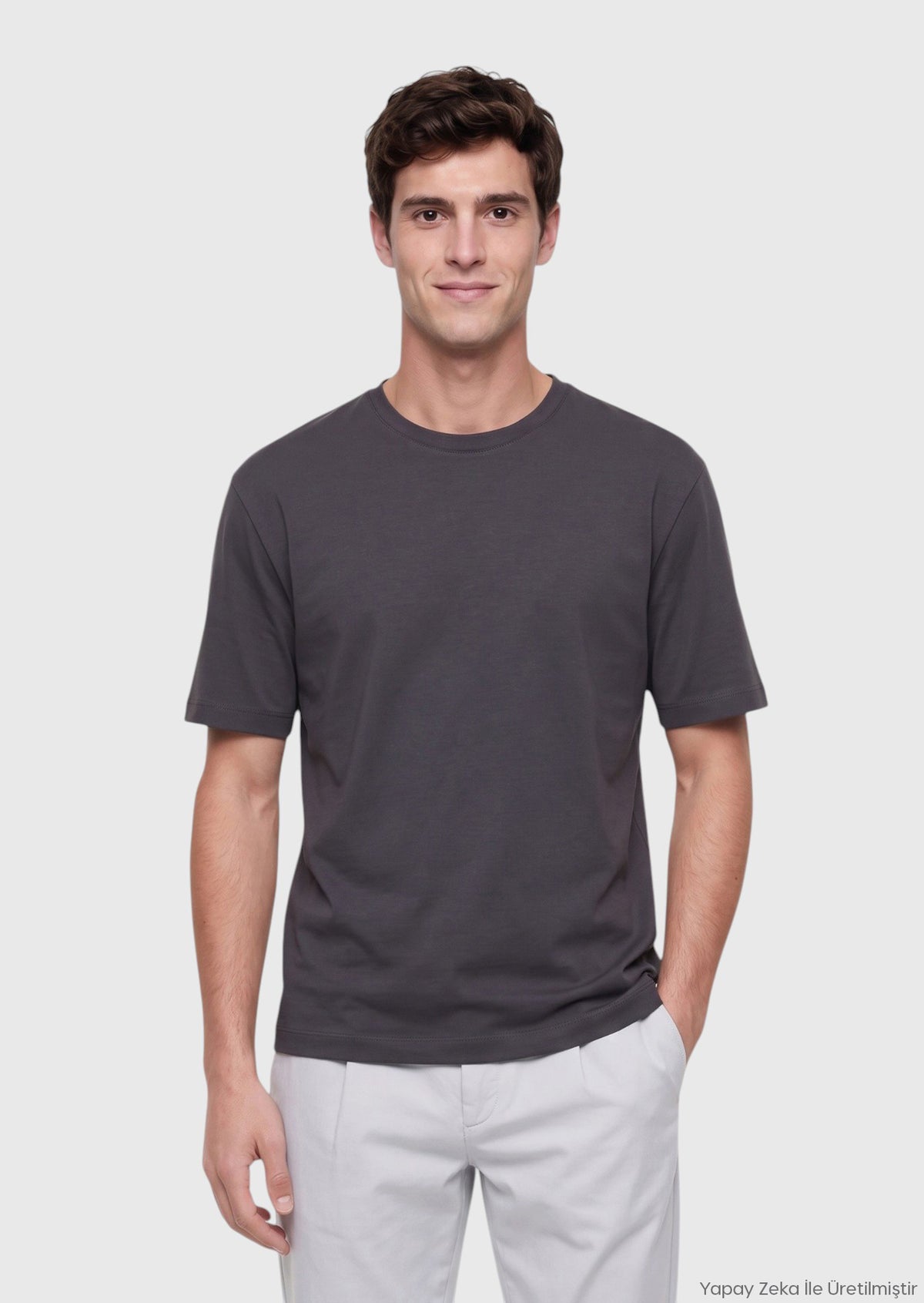 Antrasit Düz Pamuk Karışımlı T-Shirt