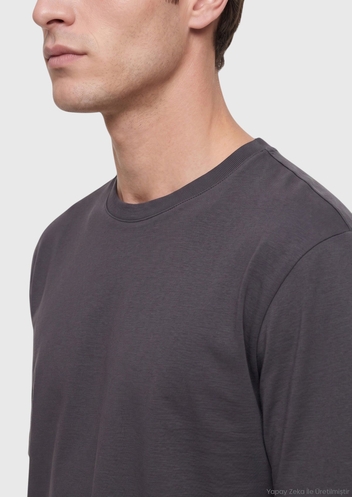 Antrasit Düz Pamuk Karışımlı T-Shirt