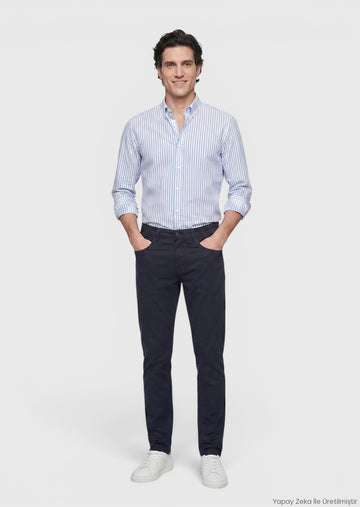 Lacivert Dokuma Slim Fit Casual Pamuk Karışımlı Pantolon