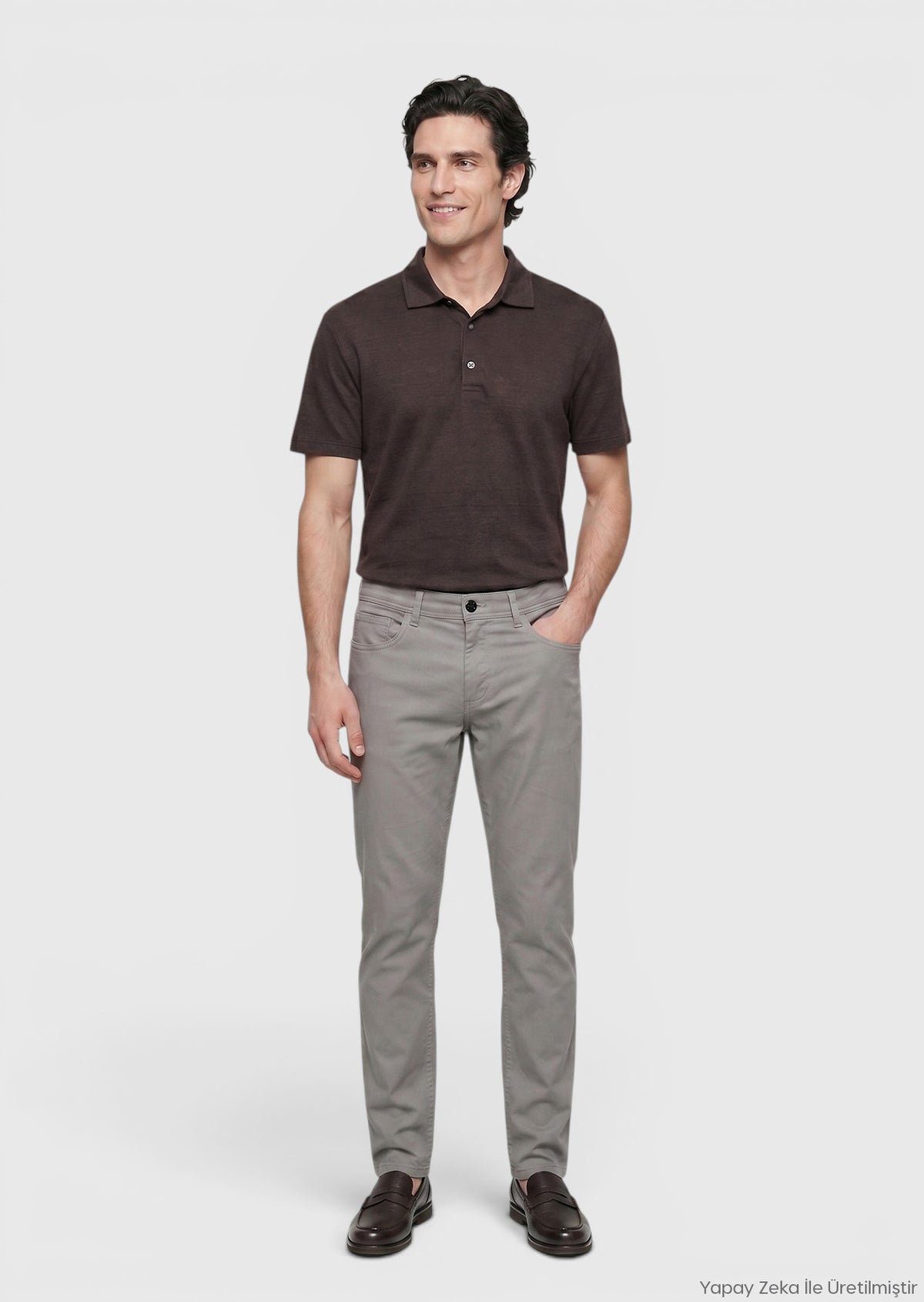 Gri Düz Dokuma Slim Fit Casual Pamuk Karışımlı Pantolon
