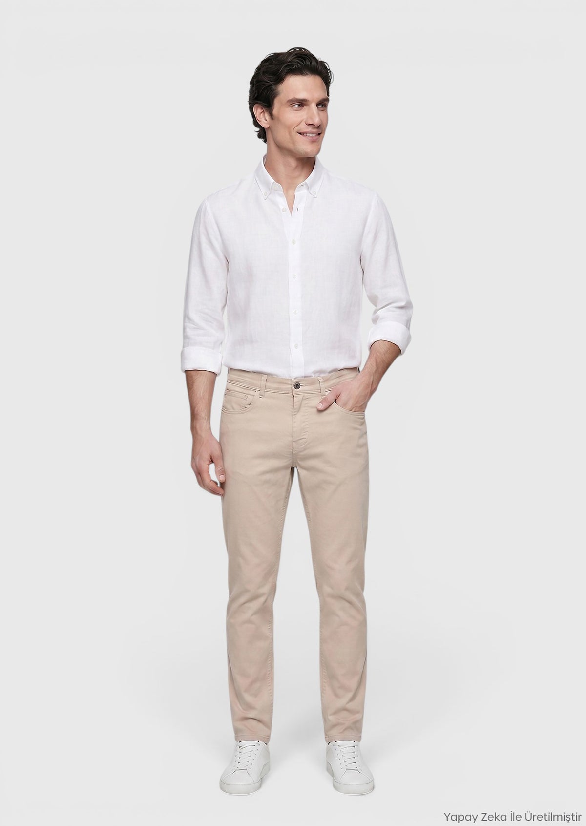 Bej Düz Dokuma Slim Fit Casual Pamuk Karışımlı Pantolon