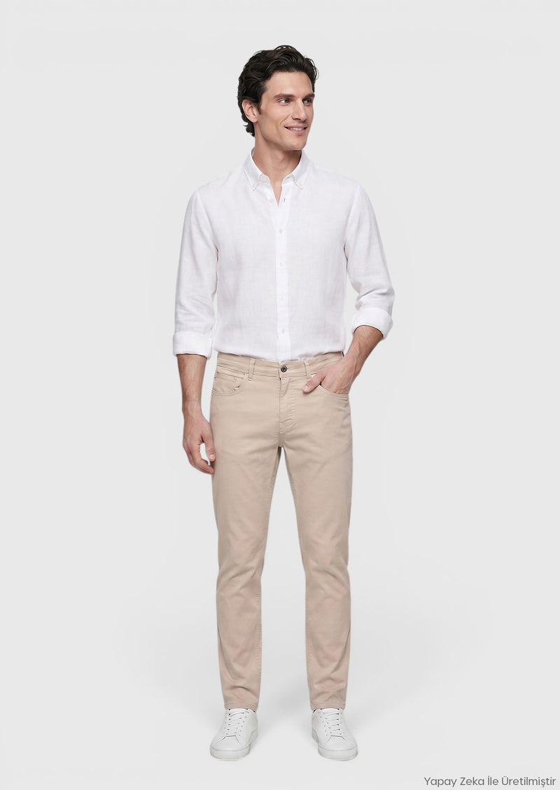 Bej Düz Dokuma Slim Fit Casual Pamuk Karışımlı Pantolon