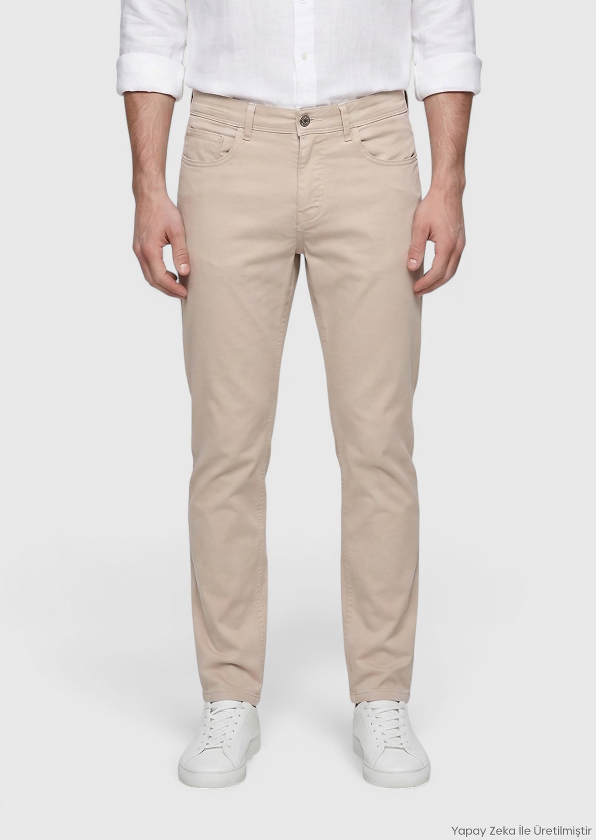 Bej Düz Dokuma Slim Fit Casual Pamuk Karışımlı Pantolon