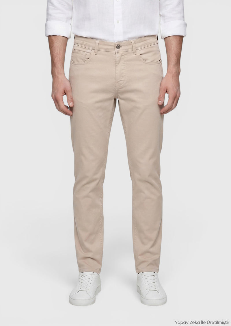 Bej Düz Dokuma Slim Fit Casual Pamuk Karışımlı Pantolon