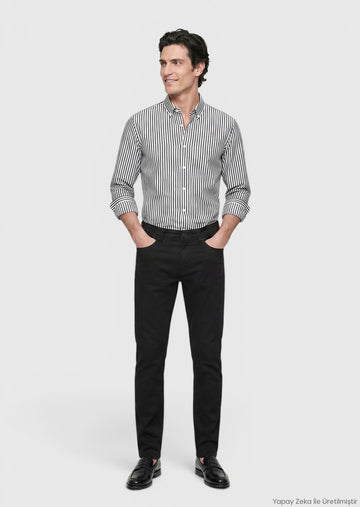 Siyah Dokuma Slim Fit Casual Pamuk Karışımlı Pantolon