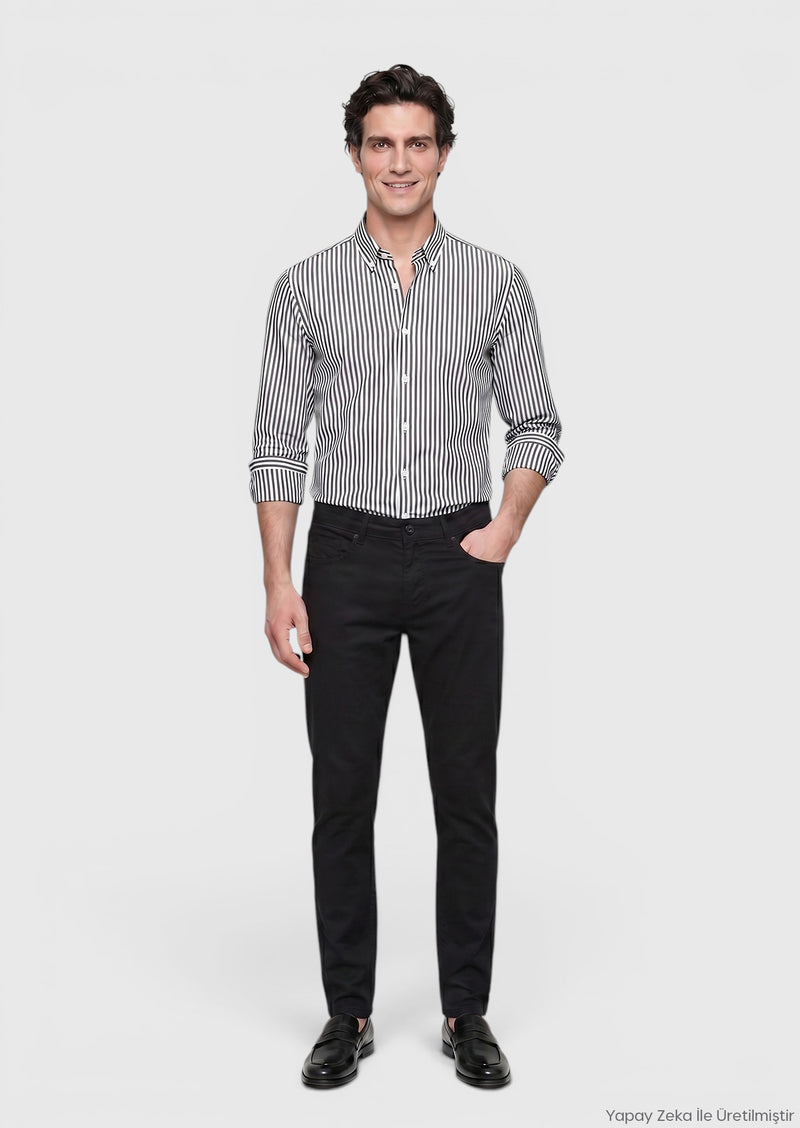 Siyah Düz Dokuma Slim Fit Casual Pamuk Karışımlı Pantolon