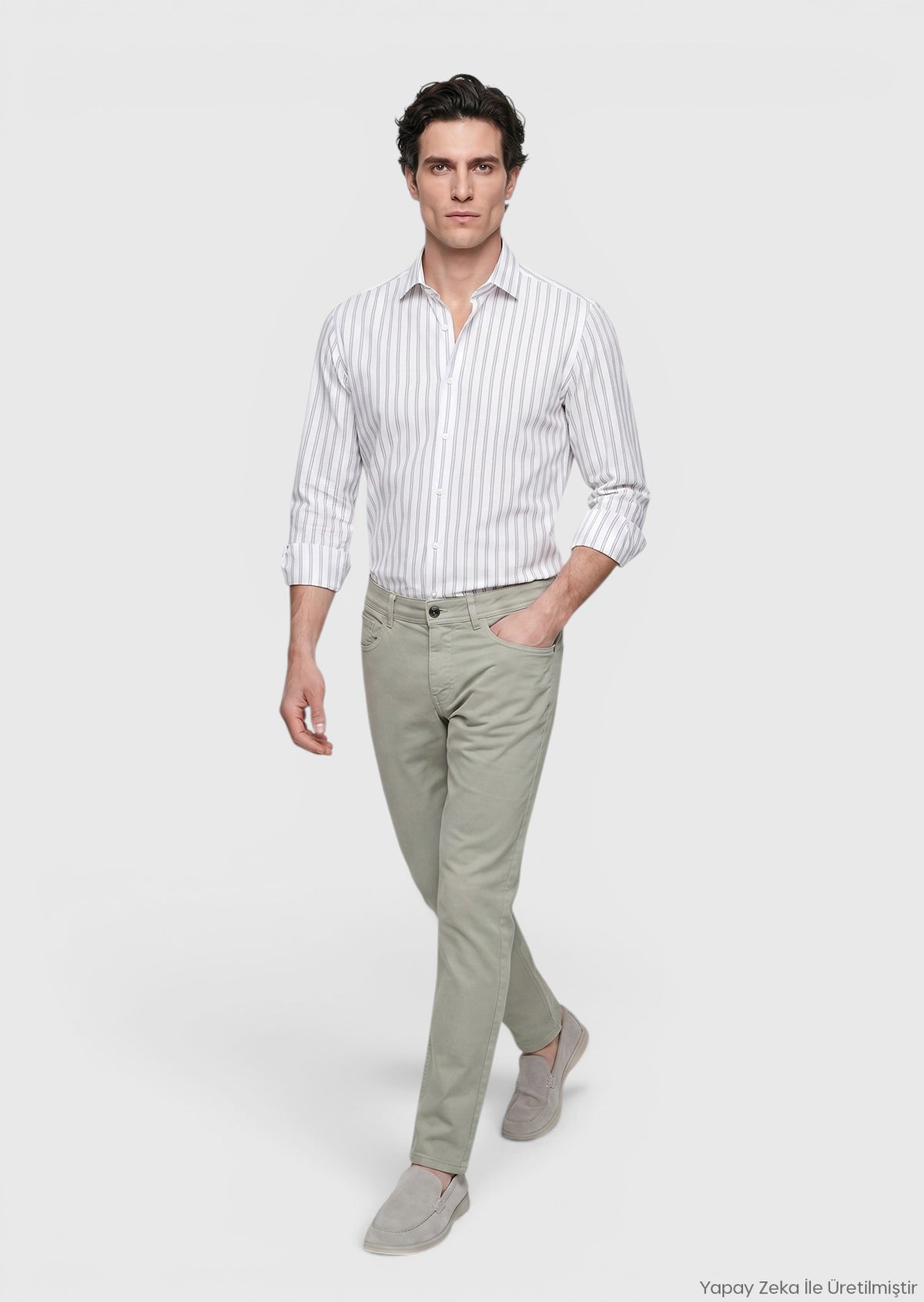 Haki Düz Dokuma Slim Fit Casual Pamuk Karışımlı Pantolon