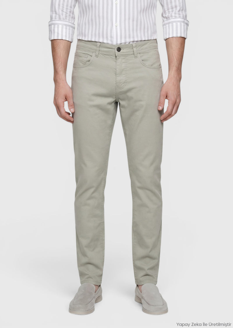 Haki Düz Dokuma Slim Fit Casual Pamuk Karışımlı Pantolon