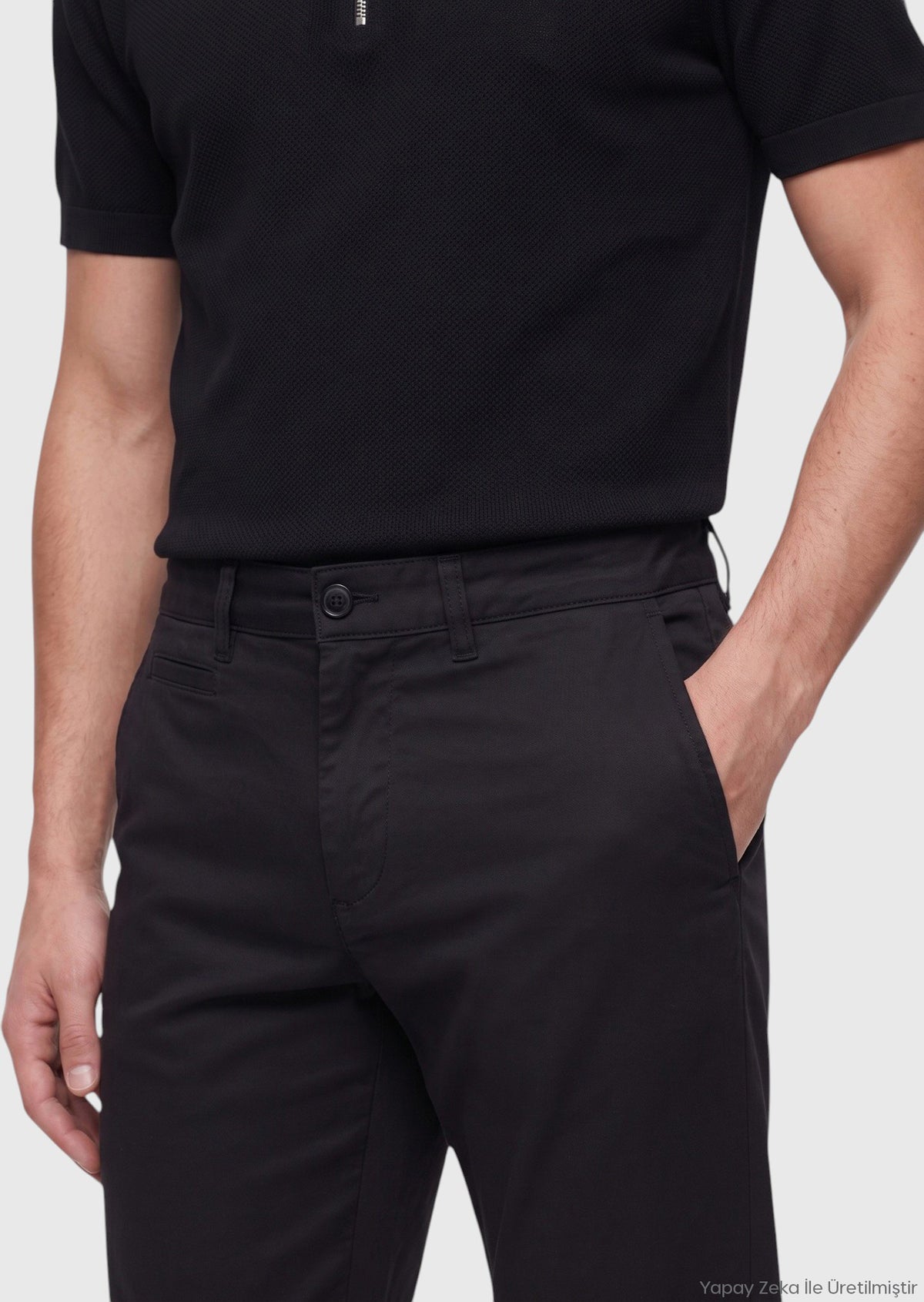 Siyah Düz Dokuma Regular Fit Casual Pamuk Karışımlı Pantolon