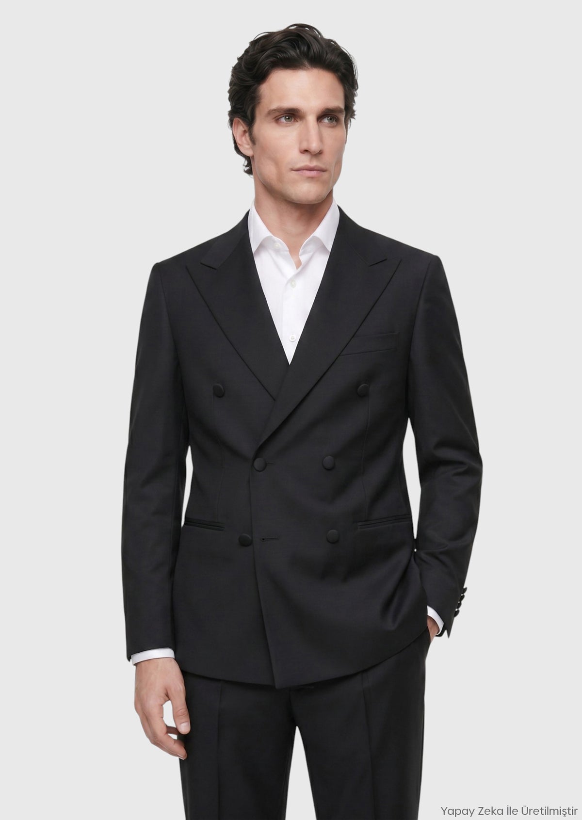 Siyah Düz Slim Fit Kruvaze Yaka Dokuma Smokin Takım Elbise