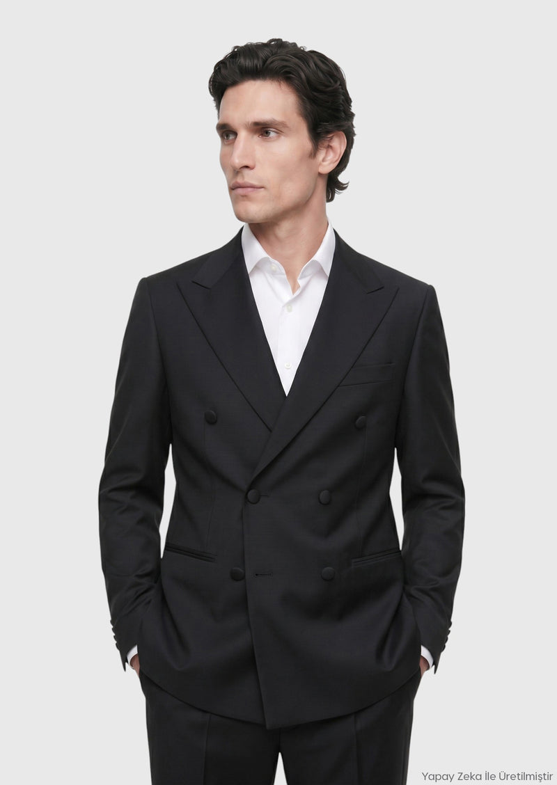 Siyah Düz Slim Fit Kruvaze Yaka Dokuma Smokin Takım Elbise