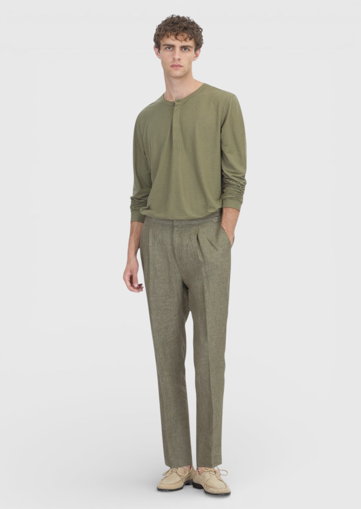 Haki Düz Dokuma Regular Fit Casual %100 Keten Pantolon