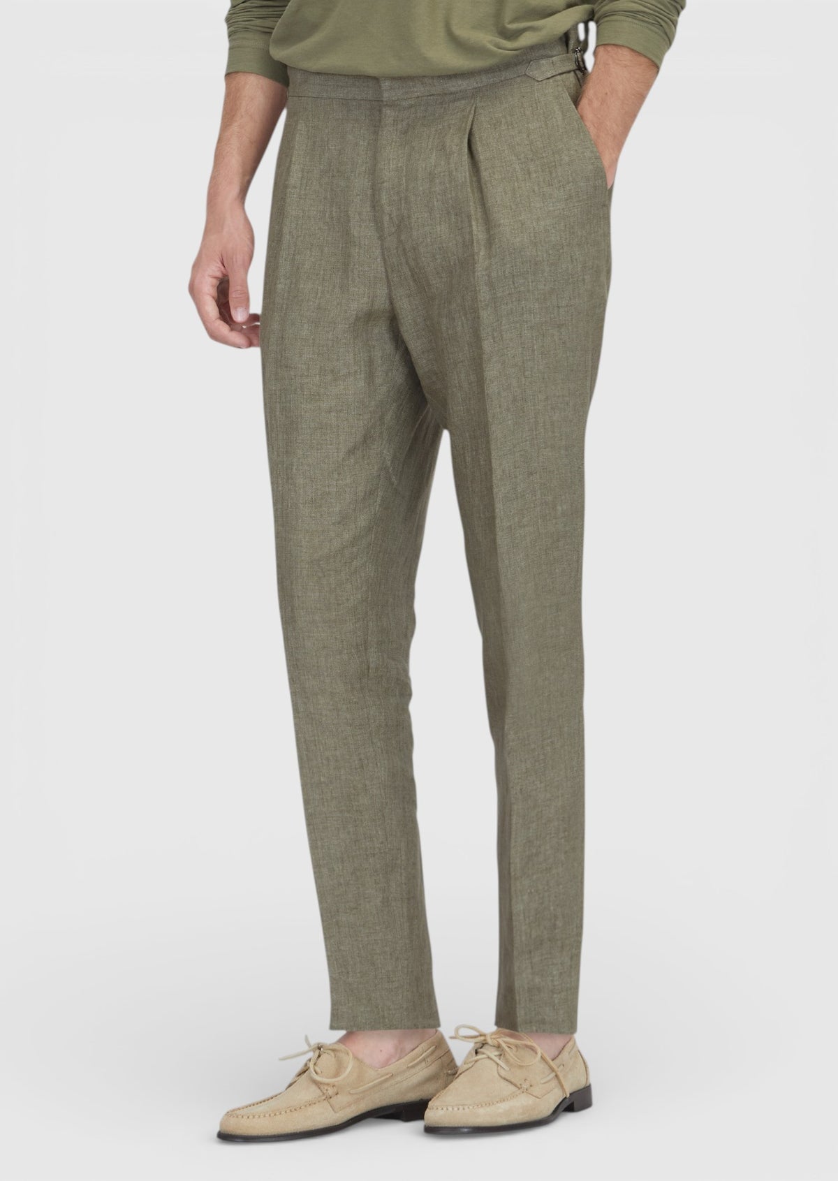 Haki Düz Dokuma Regular Fit Casual %100 Keten Pantolon