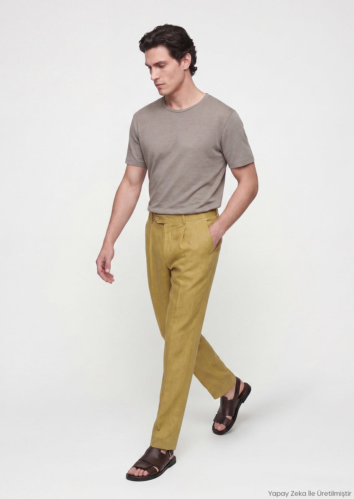 Yağ Yeşili Düz Dokuma Regular Fit Casual %100 Keten Pantolon