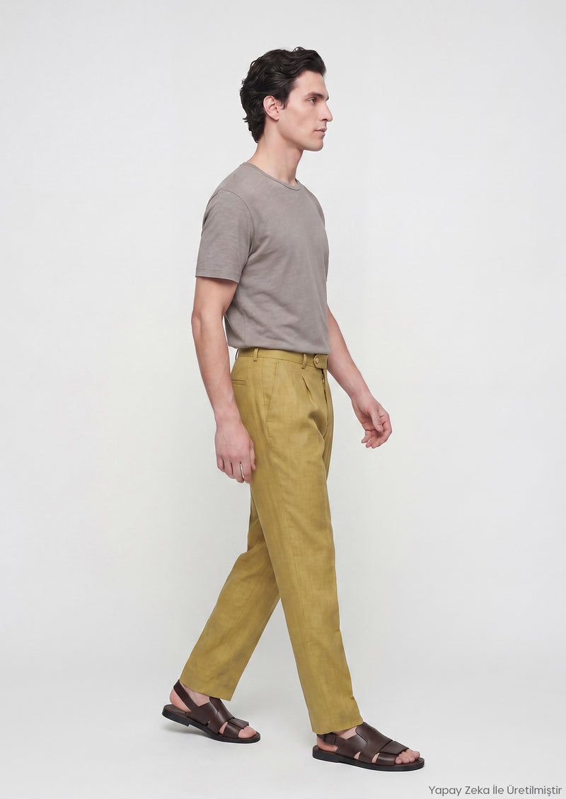 Yağ Yeşili Düz Dokuma Regular Fit Casual %100 Keten Pantolon