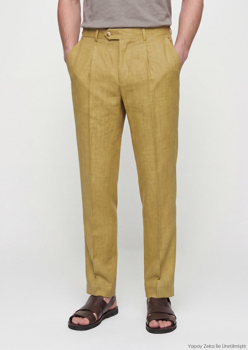 Yağ Yeşili Düz Dokuma Regular Fit Casual %100 Keten Pantolon