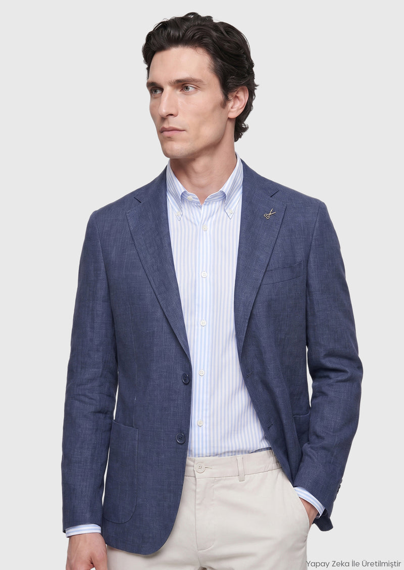 Lacivert Shirt Shoulder Slim Fit %100 Keten Ceket