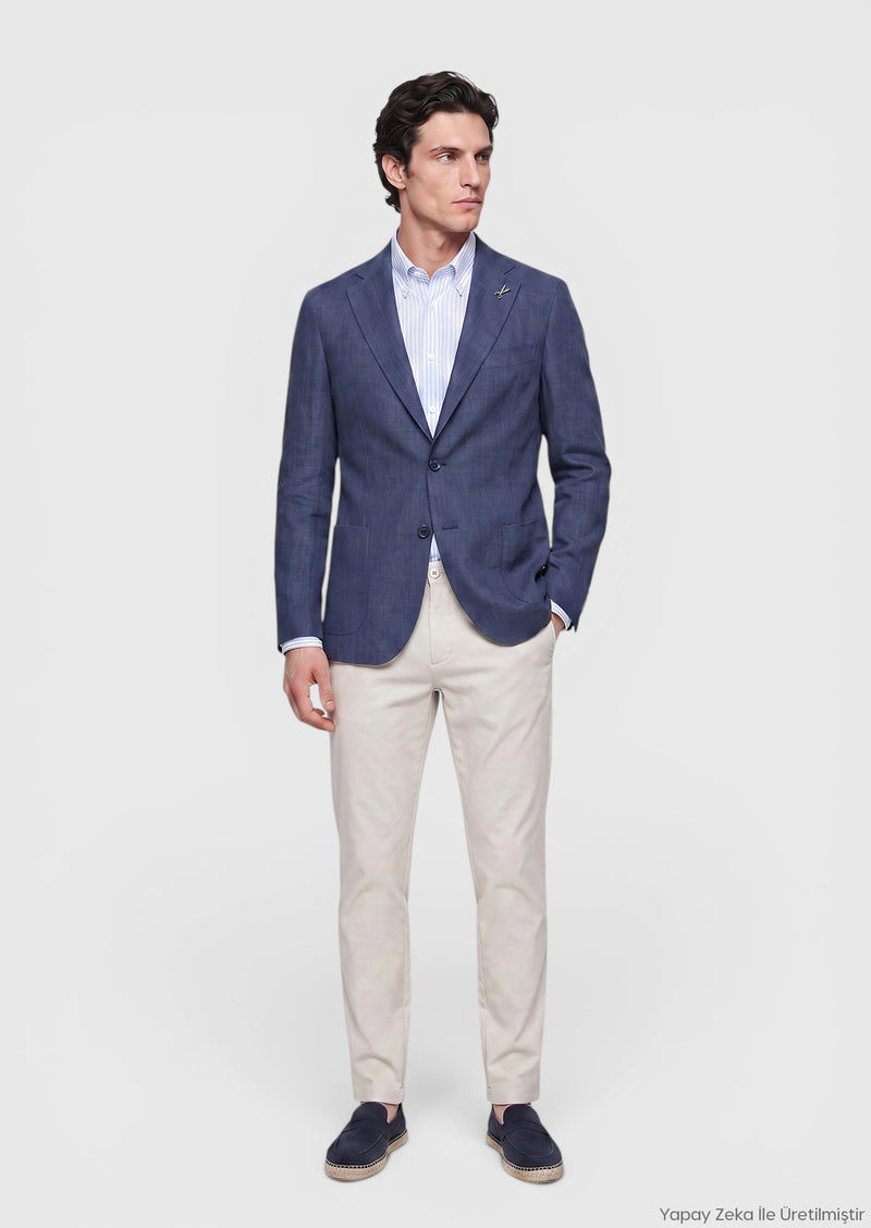 Lacivert Shirt Shoulder Slim Fit %100 Keten Ceket