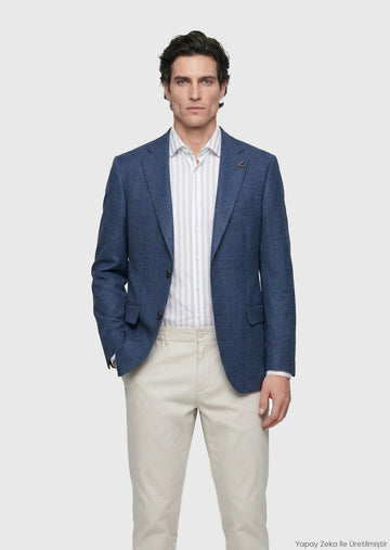 Açık Lacivert Zeroweight Slim Fit %100 Keten Ceket