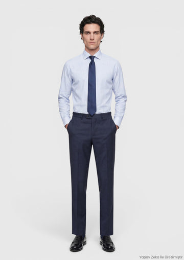 İndigo Düz Dokuma Regular Fit Klasik %100 Yün Pantolon