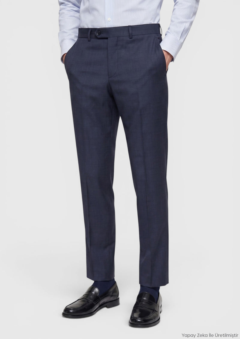 İndigo Düz Dokuma Regular Fit Klasik %100 Yün Pantolon