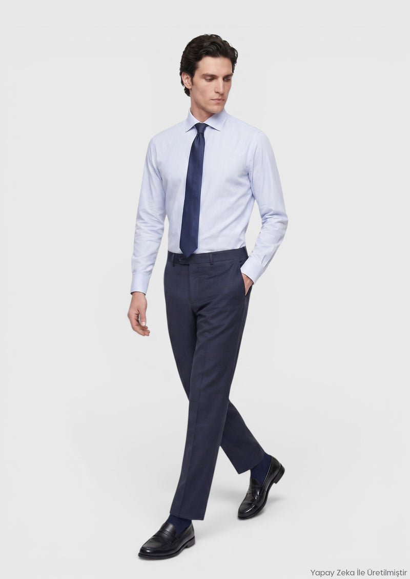 İndigo Düz Dokuma Regular Fit Klasik %100 Yün Pantolon
