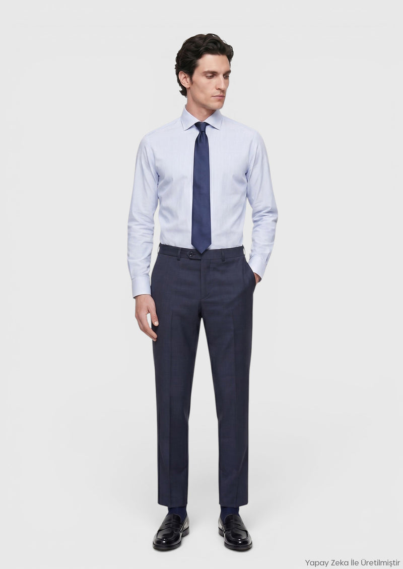 İndigo Düz Dokuma Regular Fit Klasik %100 Yün Pantolon